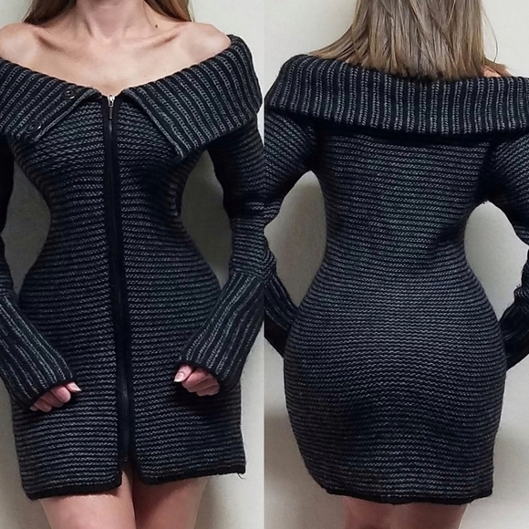 VINTAGE Italian Avante Garde Wool Alpaca Striped Knit Off-Shoulder Sweater Dress - Picture 1 of 15